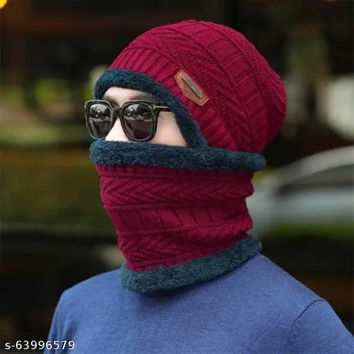 Arcylic unisex woven winter cap set with soft fur inside, self-design pattern, onesize. Stylish beanie and neck scarf for warm winter look." (124 characters)