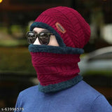 Arcylic unisex woven winter cap set with soft fur inside, self-design pattern, onesize. Stylish beanie and neck scarf for warm winter look." (124 characters)