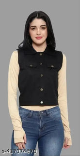 Sleeveless half denim jacket in solid net, trendy for casual outfits, spread collar design - India