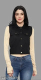 Sleeveless half denim jacket in solid net, trendy for casual outfits, spread collar design - India