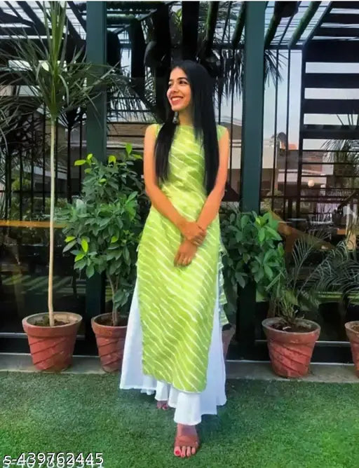 Cotton kurti-palazzo with printed net, sleeveless and white palazzos for women's daily wear by Niharika Creation - India