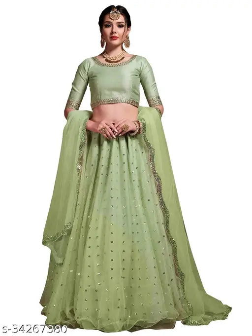 Embroidered green semi-stitched silk lehenga, net dupatta with sequin work for Indian bridal wear