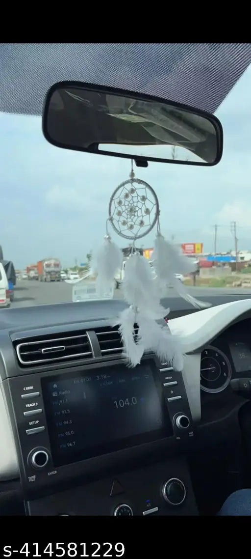 Handcrafted Indian car hanging dream catcher, woven natural fibers with feathers and beads