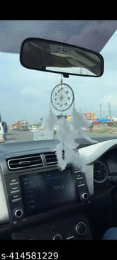 Handcrafted Indian car hanging dream catcher, woven natural fibers with feathers and beads