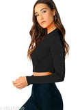 Black cotton blend long sleeved solid t-shirt for women, casual western style (XS: 32in bust size)