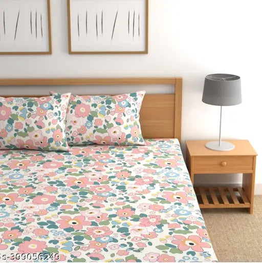 White cotton floral fitted bedsheets, 320 thread count, double queen set for summer - Decent Home Alluring