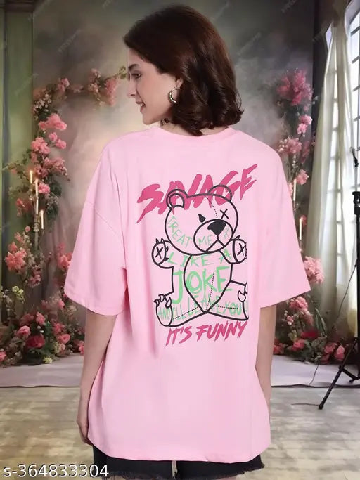 Cotton front and back printed oversized baggy loose t-shirt for women, India origin, short sleeves, loose fit, drop shoulder design