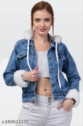 Denim fur hood jacket, women's self-designed solid denim, long sleeves, India origin