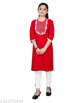 Red embroidered rayon straight kurta for girls, three-quarter sleeves, India origin
