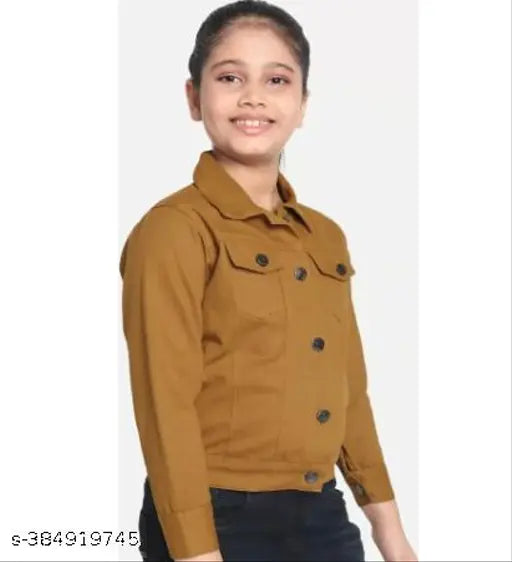 Trendy cotton long sleeve denim jacket for kids girl, solid pattern, India origin