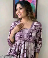 White-pink floral rayon Aliyah cut kurti with embroidery, side waist tassels, and motifs for festive gatherings