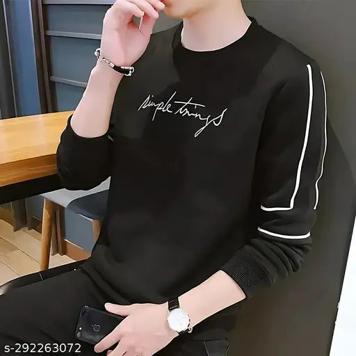 Soft cotton blend men's full sleeve printed round neck t-shirt for all-day wear, black, bio-washed fabric, gymwear, festival season