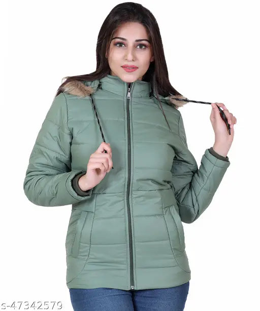 Indian-origin solid women's jacket with hoodie, warm interior and pockets