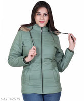Indian-origin solid women's jacket with hoodie, warm interior and pockets