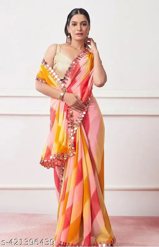 New Stripe Printed Georgette Bollywood Saree for Women, lightweight, breathable, Indian-made