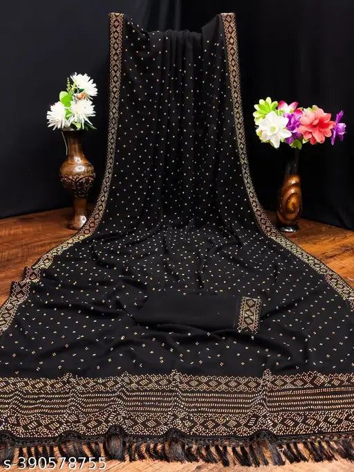 Designer printed embroidered black Georgette Kanjivaram saree with separate blouse - elegant partywear for women