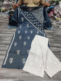 Grey cotton Lucknowi chikan embroidered kurti set with palazzos, three-quarter sleeves, modern design