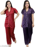 Maroon & Purple Satin pyjama combo for women, features square neck shirt and pants with short sleeves, great for relaxing at home or as a gift. Made of satin fabric." (119 characters)
