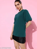 Green cotton oversized sweatshirt for women, solid pattern and short sleeves