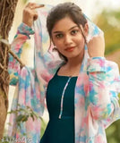 Pastel shaded, full-sleeved rama gown in Georgette with printed dupatta, Indian made