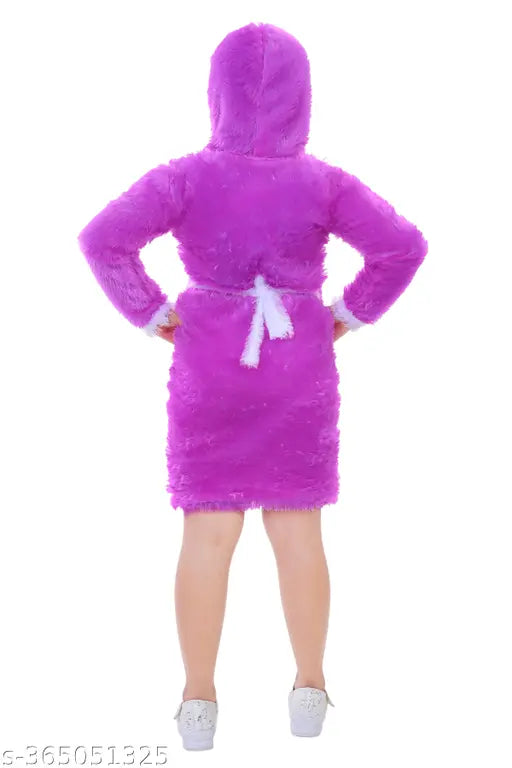 Purple wool self-design hooded sweater for girls with long sleeves, India origin