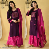 Rayon Reshma kurta set with sharara bottom and embroidered dupatta on display, India origin
