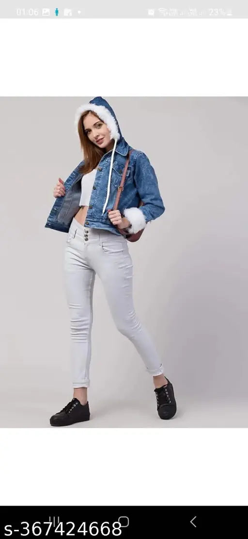 Blue denim cropped jacket with collar sleeves and fur trim - women's trendy casual wear, full sleeve, size S (36in bust, 20in length)
