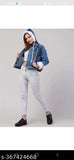 Blue denim cropped jacket with collar sleeves and fur trim - women's trendy casual wear, full sleeve, size S (36in bust, 20in length)