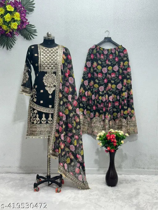 Heavy faux Georgette Sharara suit set - embroidered, three-quarter sleeve Indian Kurta with dupatta and bottomwear