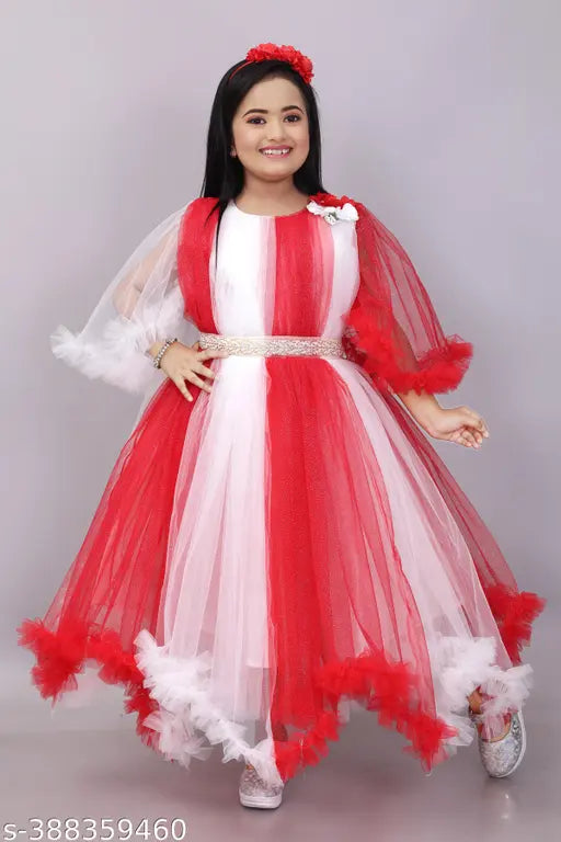 Net party dress for girls, festive wedding attire with long sleeves and printed pattern, perfect for events and photo shoots. Made in India