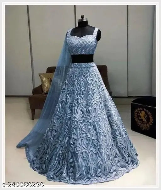 Indian embroidered net lehenga choli dupatta set, free size, 42in waist, 44in length