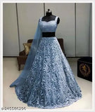 Indian embroidered net lehenga choli dupatta set, free size, 42in waist, 44in length