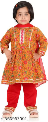 Girls' festive rayon Kurta & Palazzos Dupatta set, vibrant print, A-line style, three-quarter sleeves, embellished detailing