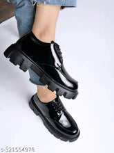Black patent leather loafers for women, detailed lace-up design in classic style, wide fit - made in India