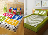 Geometric-patterned double cotton bed sheets (2) and matching pillow covers (4), ideal for summer use in adult bedrooms. Made of fine Indian Jaipuri cotton