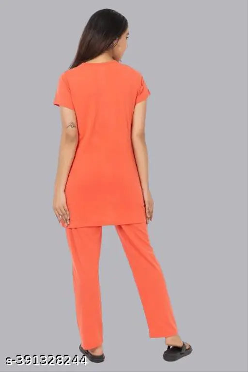 Stylish orange cotton pyjamas for women with beautiful print, premium quality Indian nightwear