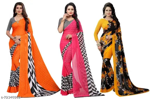 Latest designer Georgette saree combo pack of 3 - Printed, embroidered Georgette sarees for women, ideal for parties and anniversaries. Free size (5.2m saree length). Made in India