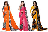 Latest designer Georgette saree combo pack of 3 - Printed, embroidered Georgette sarees for women, ideal for parties and anniversaries. Free size (5.2m saree length). Made in India