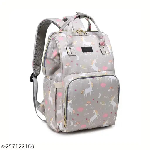 Waterproof grey diaper bag with 13 pockets, 3-layer protection, and anti-theft features. Premium polyester net material, measuring 42cm x 26cm x 14cm, designed for mummies on the go. Features insulated milk bottle pockets, adjustable straps, and trendy prints. Hand wipe clean; made in India