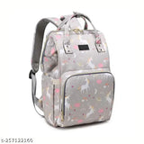 Waterproof grey diaper bag with 13 pockets, 3-layer protection, and anti-theft features. Premium polyester net material, measuring 42cm x 26cm x 14cm, designed for mummies on the go. Features insulated milk bottle pockets, adjustable straps, and trendy prints. Hand wipe clean; made in India