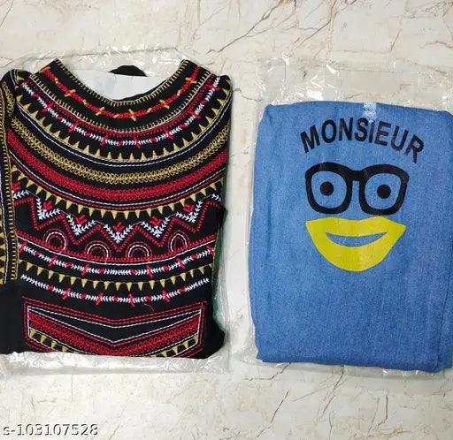 Cotton blend embroidered kaftan top with denim pant combo, women's fashion set on display