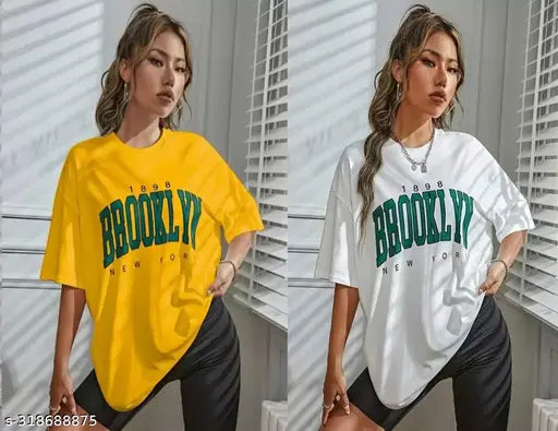 Oversized cotton blend women's t-shirt combo in printed net style, available in sizes S to XXL. Made in India