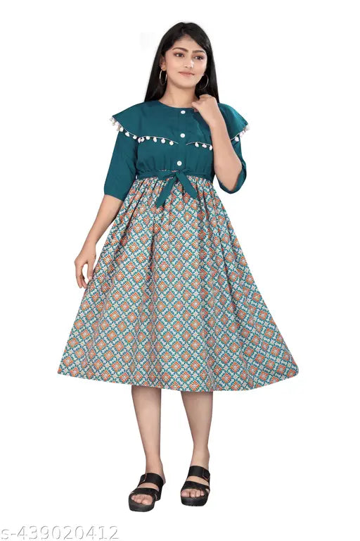 Trendy chiffon print kids dress, three-quarter sleeves, crepe fabric, floral design, v-neck, elastic waistband, India origin