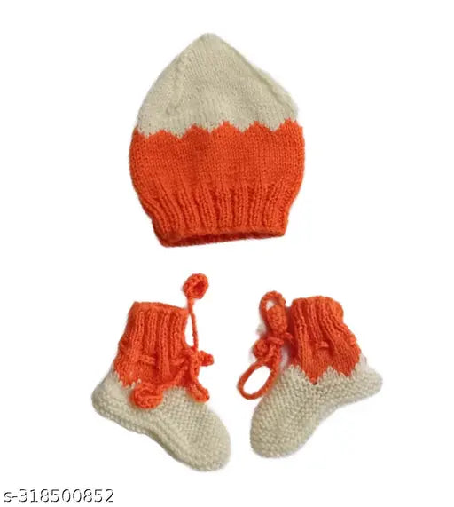 Handmade wool sweater set with cap and booties for newborns (0-9 months), striped pattern, Indian origin