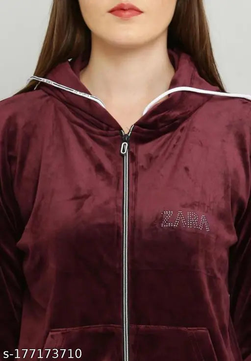 Wine velvet Zara tracksuit set - top and bottom with long sleeves, made in India (M: 36in bust, 33in length; L: 38in bust, 34in length; XL: 40in bust, 36in length)