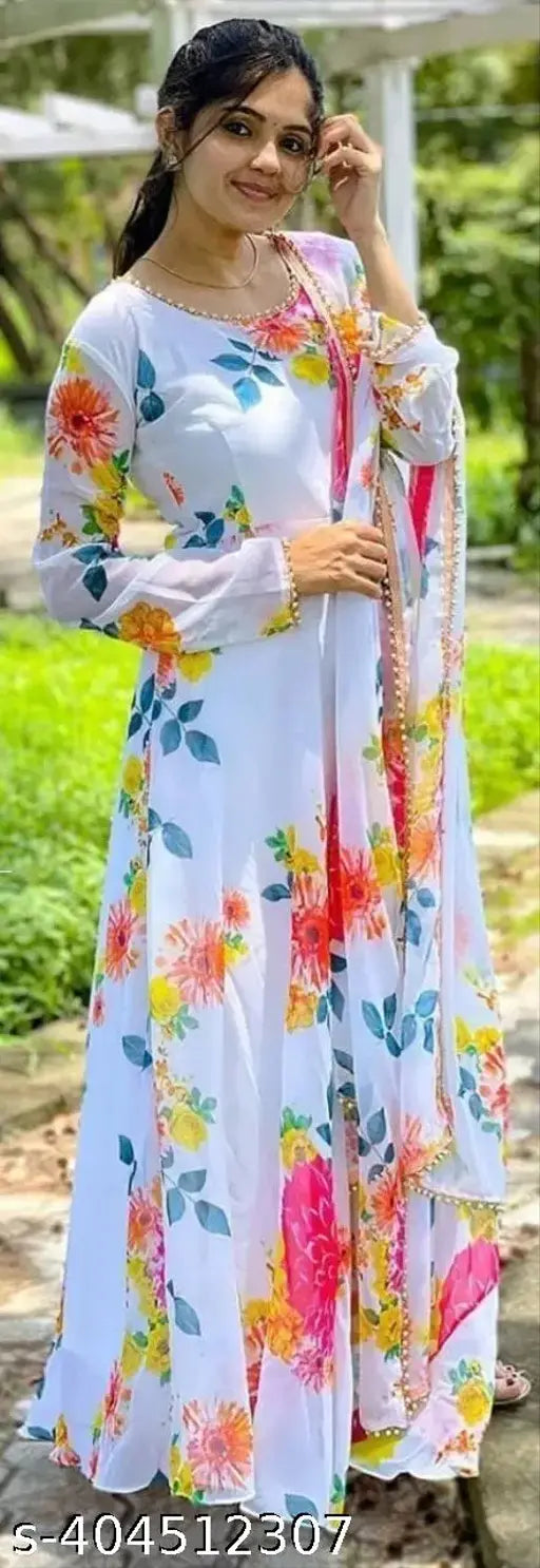 Unique women's digital floral print georgette gown with dupatta, long sleeves, Indian origin