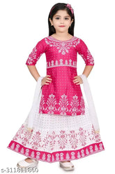 Embroidered rayon kurti skrit set with chiffon dupatta for girls aged 7-13 years, India origin