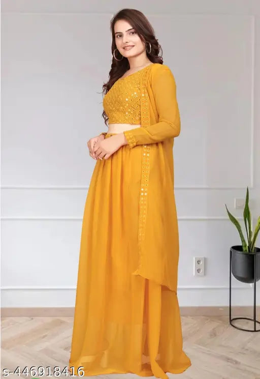 Anas Garmenst yellow shisha three set: Georgette lehenga, choli with long shrug set - Indian wedding party wear for XL, New purple Indo Western choli skirt dress - sleeved and trending garment with optional shrug (XL, XXL)