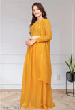 Anas Garmenst yellow shisha three set: Georgette lehenga, choli with long shrug set - Indian wedding party wear for XL, New purple Indo Western choli skirt dress - sleeved and trending garment with optional shrug (XL, XXL)