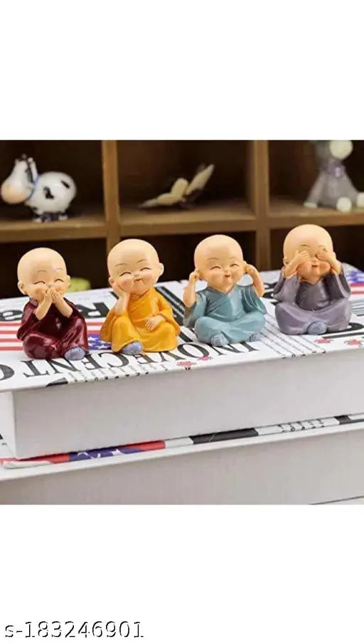 Multicolor polyresin Laughing Buddha figurines set of 4 for home decor, car dashboard, or gift. Detailed handcrafted, ethically sourced materials, and feng shui-friendly. Dimensions: 5 cm x 3.5 cm x 3.5 cm